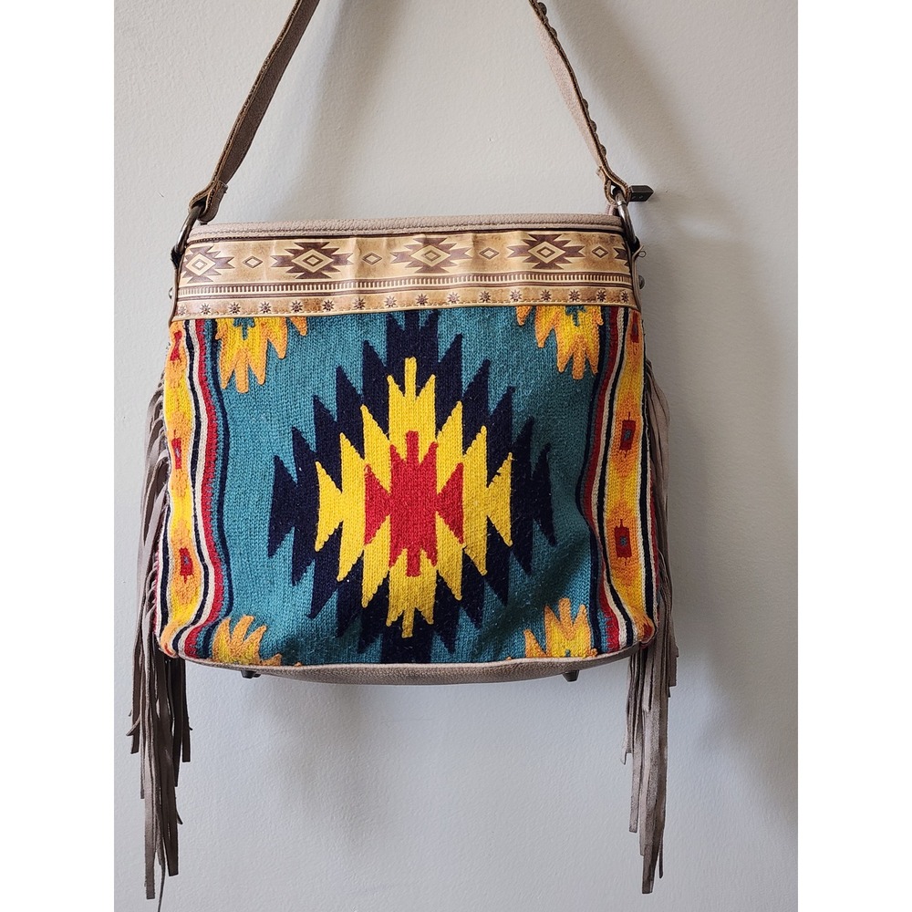 Montana West Southwestern Tapestry Fringe Crossbody Bag Teal Boho Western